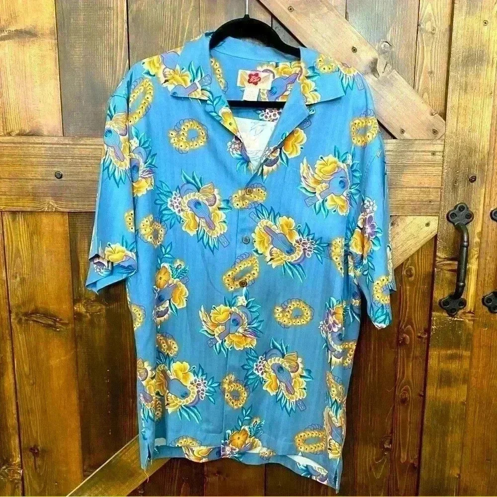 Hilo Hattie Aloha 100% Silk Hawaiian Camp Shirt Blue Ukulele Floral Men’s M